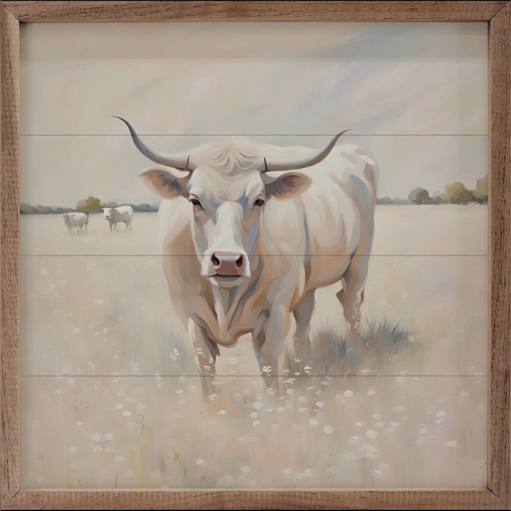 Western Charm White Longhorn Cow Print Framed Art